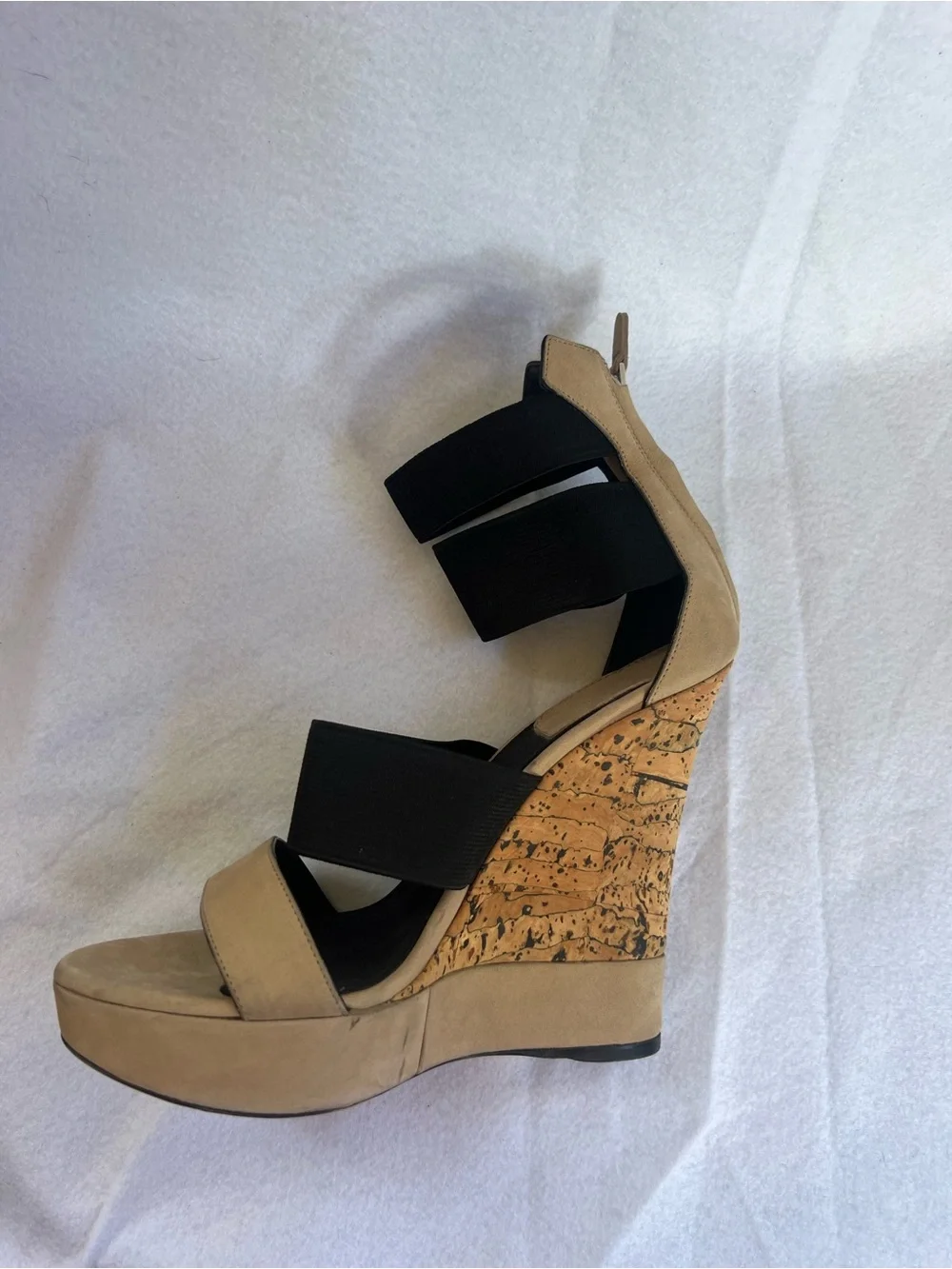 Donna Karan Beige and Black Cork Wedge Sandal
